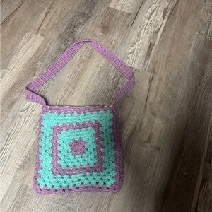Handmade Crochet Shoulder Bag - Purple and teal